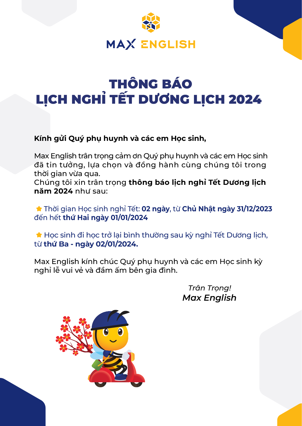 Thông báo lịch nghỉ Tết dương lịch 2024